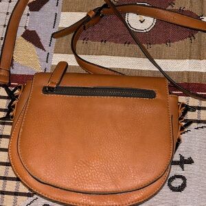 Yoki Tan Pebbled Crossbody Saddle Bag with Black Trim
